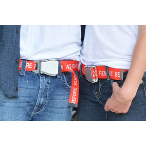Airline Seatbelt Buckle Fashion Belt - (Red) Remove Before Flight